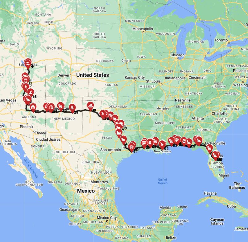 Salt Lake City to Orlando motorhome road trip planner RV itinerary route